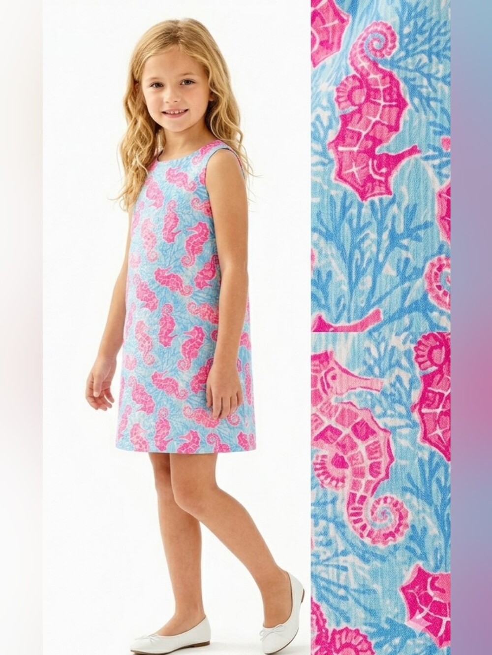 Tommy Bahama Girls Pink Seahorse Print Dress with Light Blue Background Size 7
